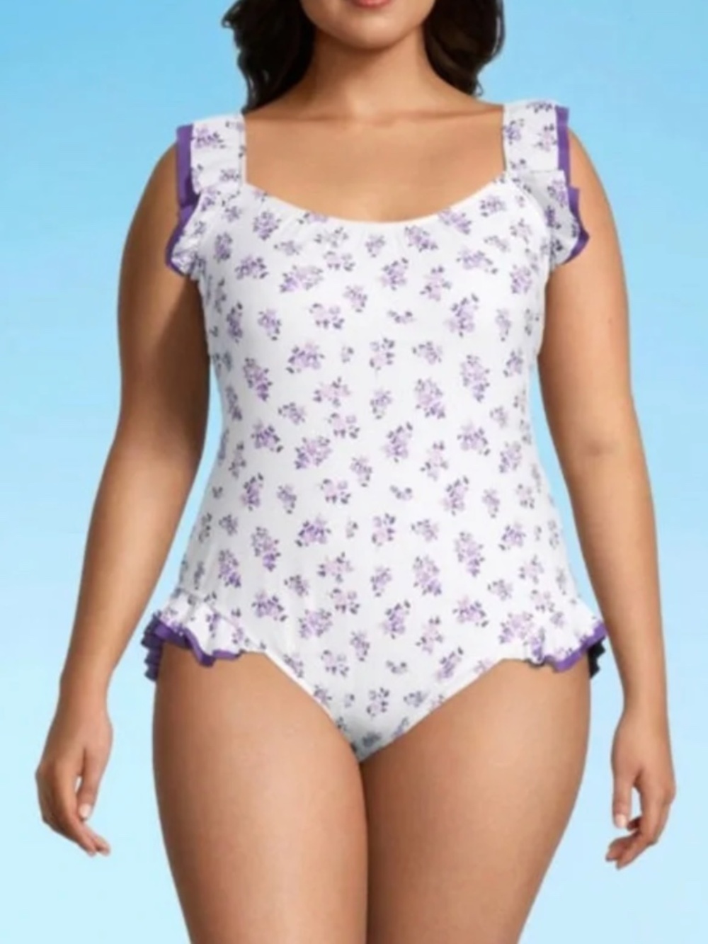 Decree Beach Bunny Lilac Off -White Floral with Ruffles One-Piece Swimsuit sz XL